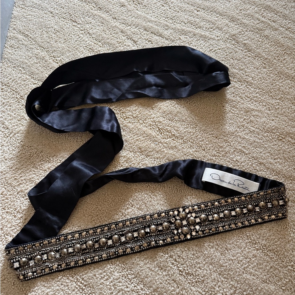 Oscar de la Renta Black Satin Belt with Embellishments